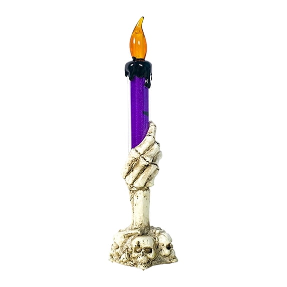 NSESSHome Flameless Flickering Candle with Timer, Wax Effect Battery Operated LED Pillar Candle with Skeleton Hand Candle Holder Halloween Table Centerpiece Decor