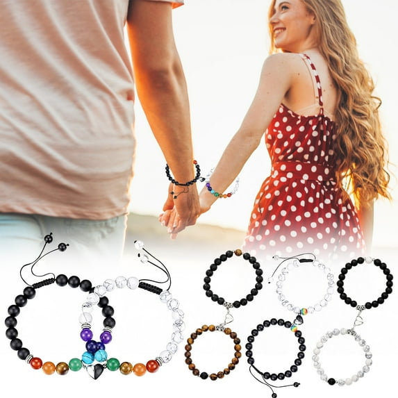 NSESSHome Frosted White Turquoise Couple Bracelet Heart Shaped Magnet Absorbing Natural Stone Men's And Women's Bracelets