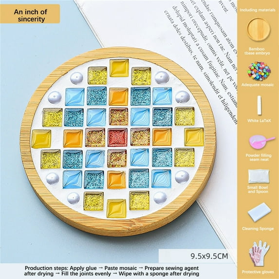 NSESSHome Mosaic Tiles for Crafts,Mixed Color Mosaic Kits with Wooden Coaster for Adults,Mosaic Crafts Materials Package for Coaster Handmade Home Decor Gifts