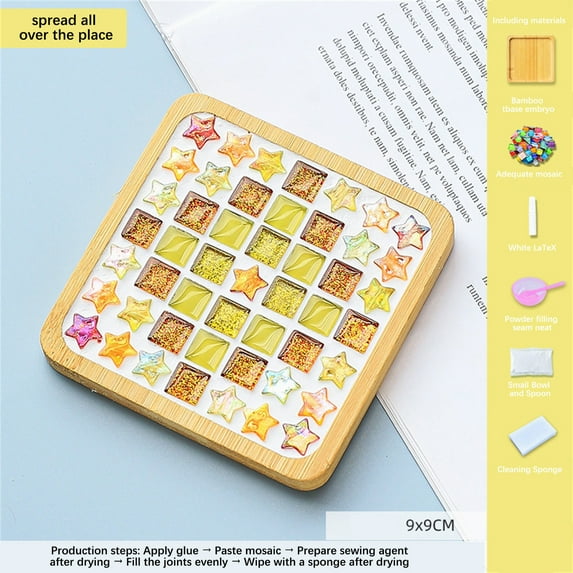 NSESSHome Mosaic Tiles for Crafts,Mixed Color Mosaic Kits with Wooden Coaster for Adults,Mosaic Crafts Materials Package for Coaster Handmade Home Decor Gifts
