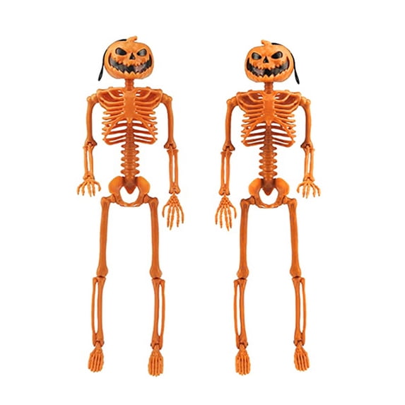 NSESSHome Posable Plastic Skeleton, Halloween Pumpkin Hanging Skeleton with Movable Joints Small Human Body Skeleton for Yard Patio Lawn Garden Props Halloween Spooky Party Decor