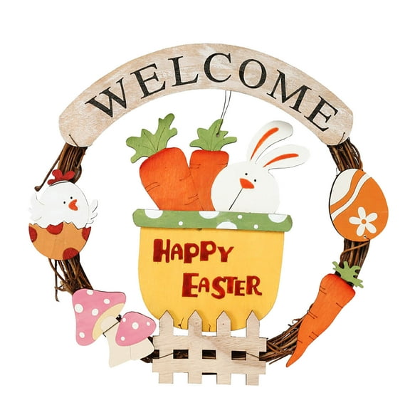 NSESSHome Easter Rabbit Eggs Decorations Rabbit Wooden Imitation Flower Wreath Easter Ornament Pendant Easter Decoration Wooden Rabbit Easter Eggs Garland Pendant Wall Hanging Door Hanging