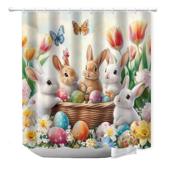 NSESSHome Easter Shower Curtain, Easter Bunny Shower Curtain for Bathroom, Happy Easter Eggs with Spring Flowers Butterfly Farmhouse Holiday Waterproof Bath Curtain with Hooks for Home