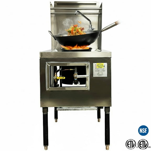 NSF 1-Hole Chinese Wok Range, 13" Ring, LP Gas, Heavy-Duty Stainless Steel, Water-Cooled Backsplash, Made in USA