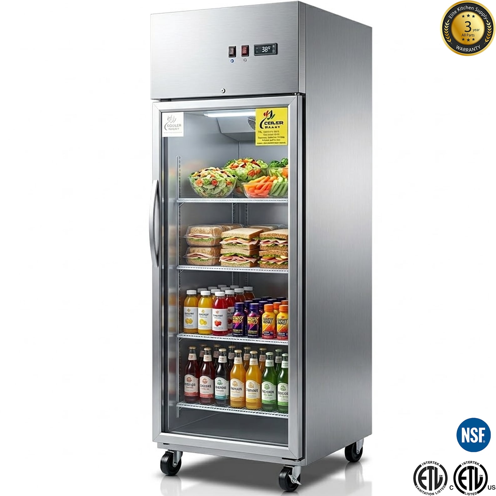 NSF 19 Cu Ft Single Door Commercial Glass Refrigerator Top Mount LED, Stainless Steel Reach In