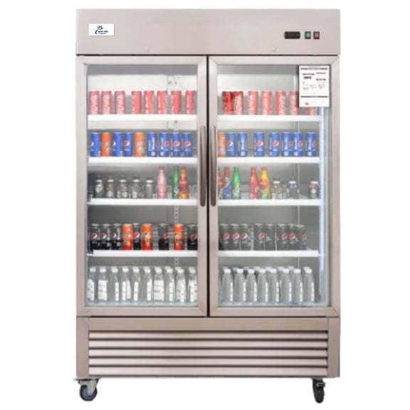 54 Commercial Reach in Refrigerato 47Cu Ft, Double Glass Door, Stainless Steel Fridge, NSF certified