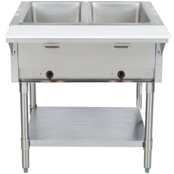 NSF 31 in. Gas Steamer Two Pan Open Well Gas Propane Steam Table with Undershelf, Warmer