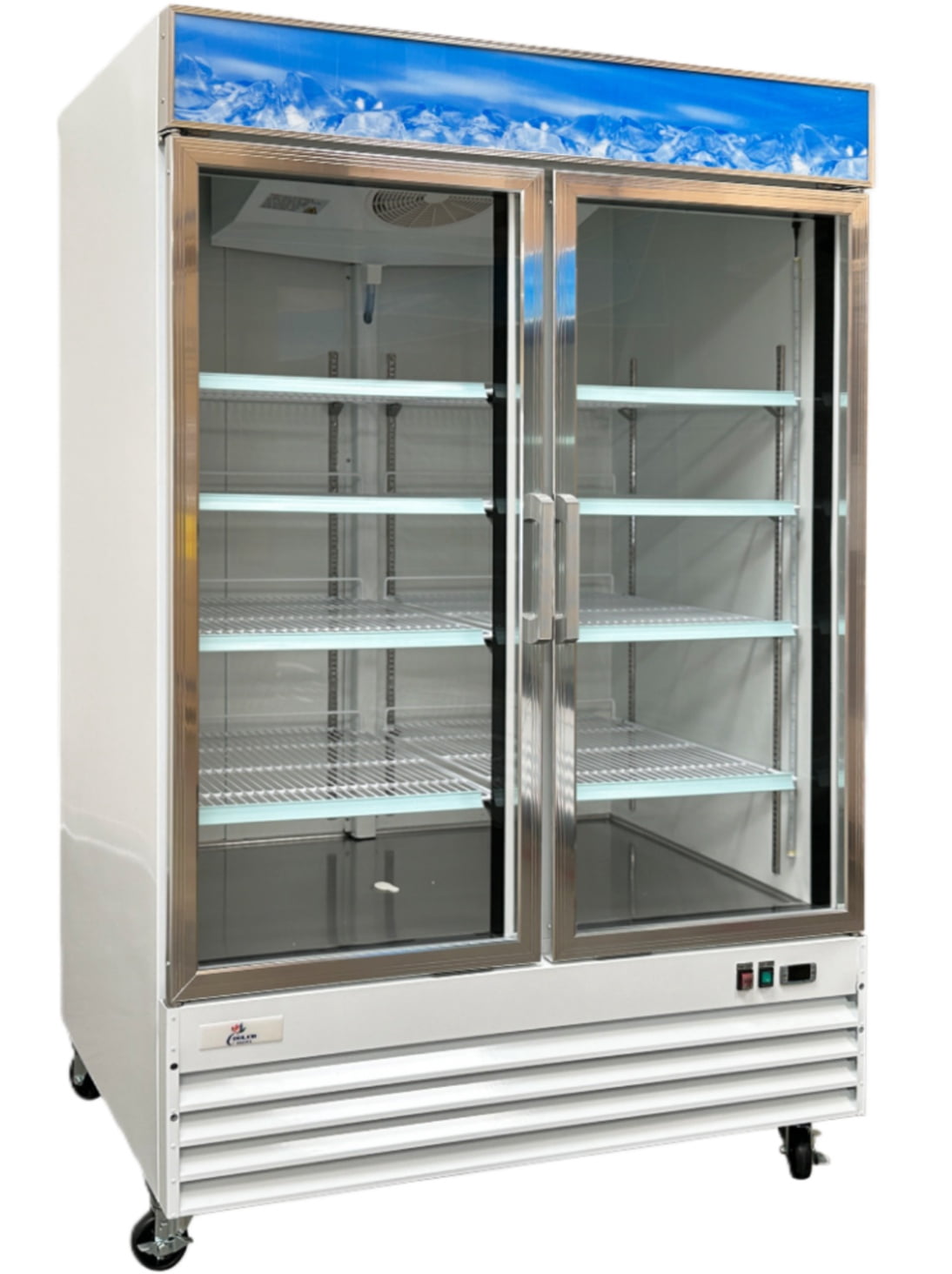 Commercial Reach in Refrigerator, 53" x 33" x 84", 45 Cubic Ft, 2 Glass Door, White Stainless Steel exterior, NSF Certified