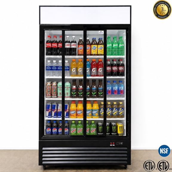 NSF 44 in. Commercial Sliding Glass Door Refrigerator Cooler, 35 Cu. Ft. Double Sliding Door Merchandiser
