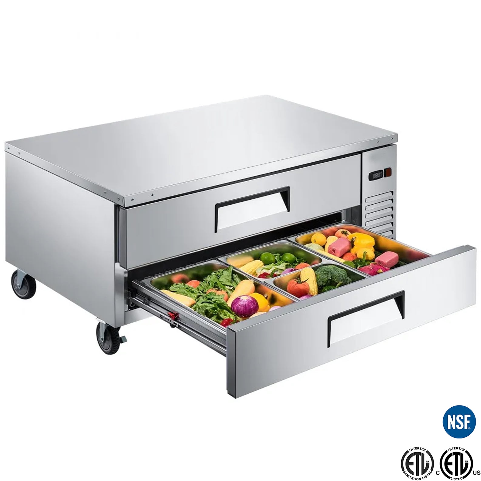 48" Refrigerated Chef Base Refrigerator, 2 Drawer Stainless Steel Commercial Undercounter, 33–41°F Digital Control, R290, 115V, NSF/ETL