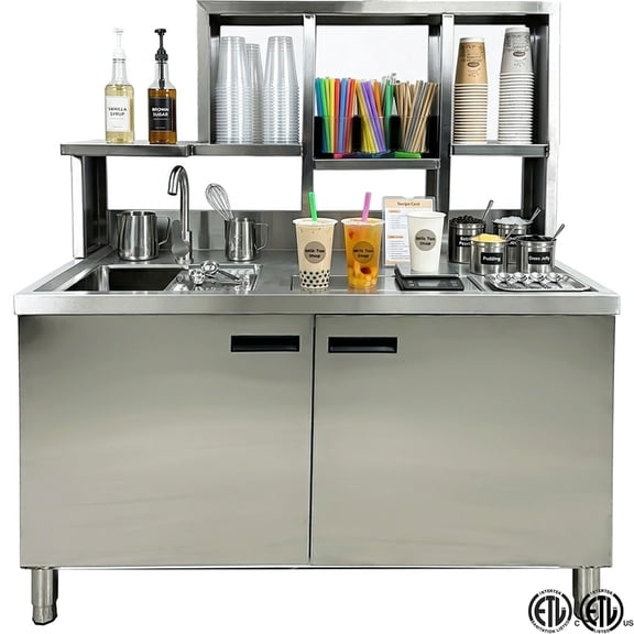 NSF 48 Inch Commercial Bubble Tea Workstation with Hot and Cold Water Stainless Steel Boba Prep Station with Sink and Storage