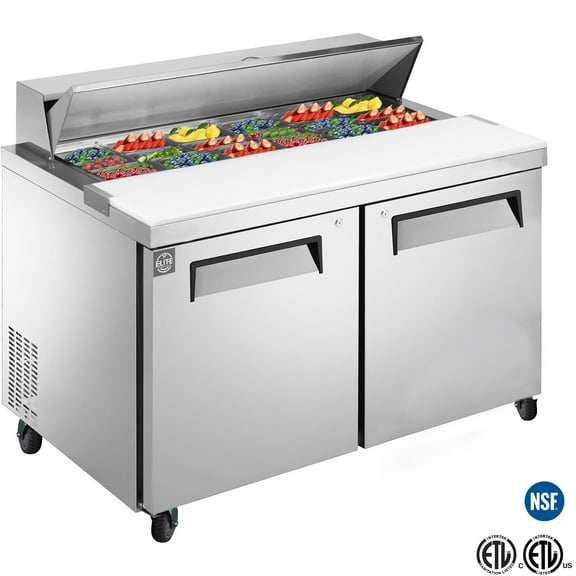 NSF 48 in. 2 Door Refrigerator Sandwich Salad Prep Table 13 Cu.Ft. Commercial Stainless Steel Pre Table Refrigerator with Cutting Board