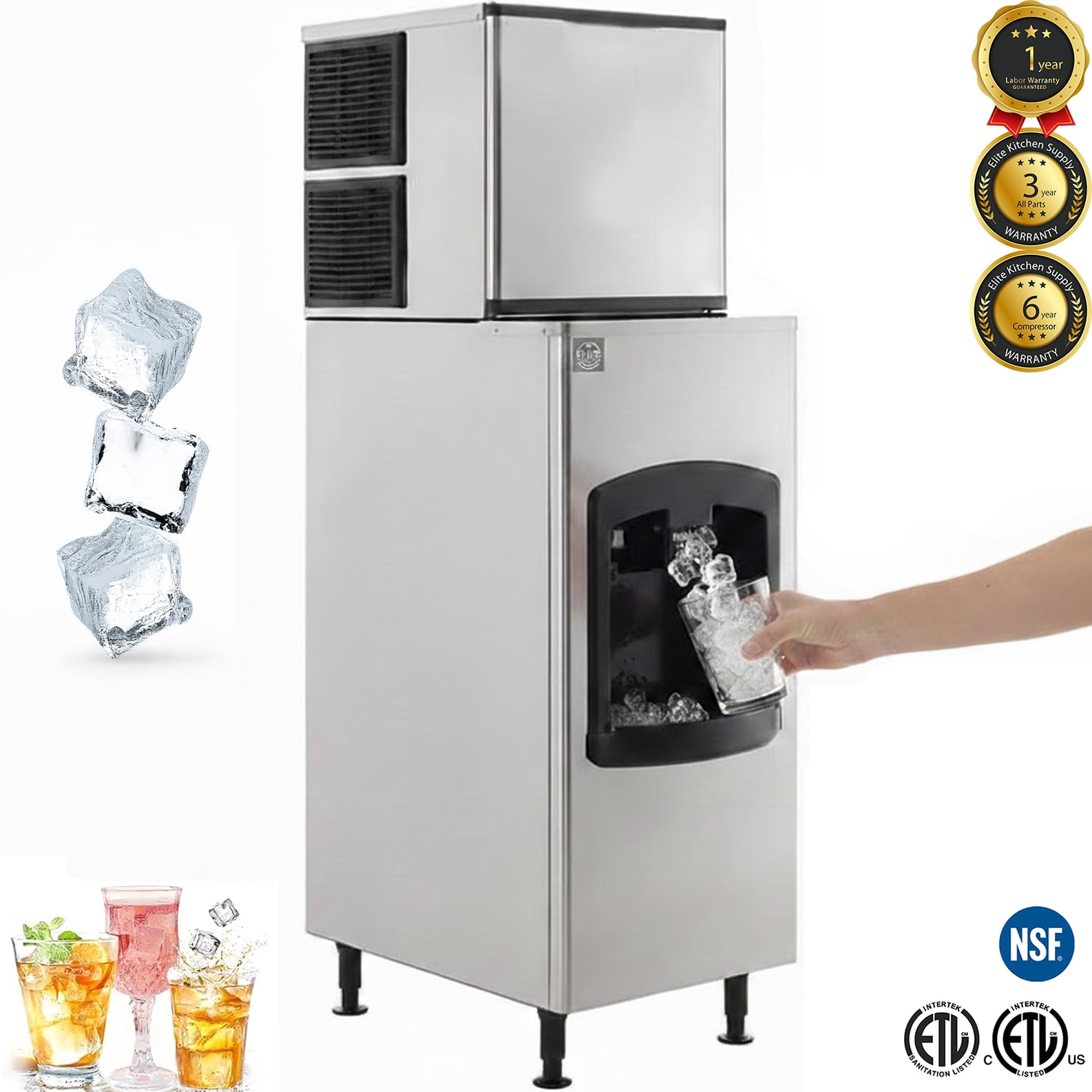 NSF 500 lb/24h Hotel Ice Maker & Dispenser, 115V, R290, ETL Sanitation, Commercial Ice Machine for Hotels and Hospitality
