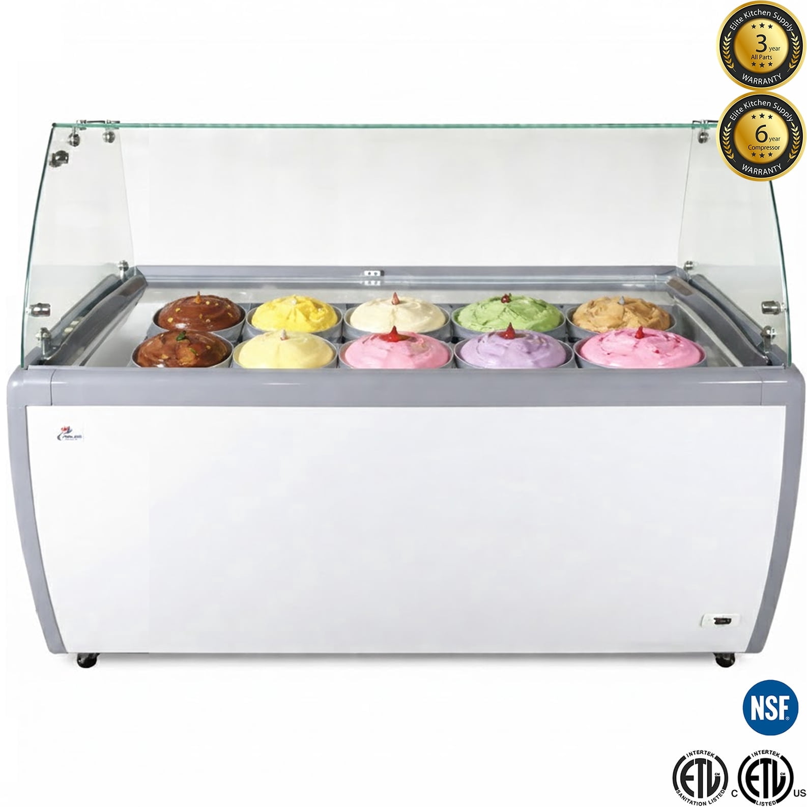 NSF 60" Ice Cream Dipping Cabinet with Flat Glass Sneeze Guard – 10 Tub Display,  Commercial Display Chest Freezer