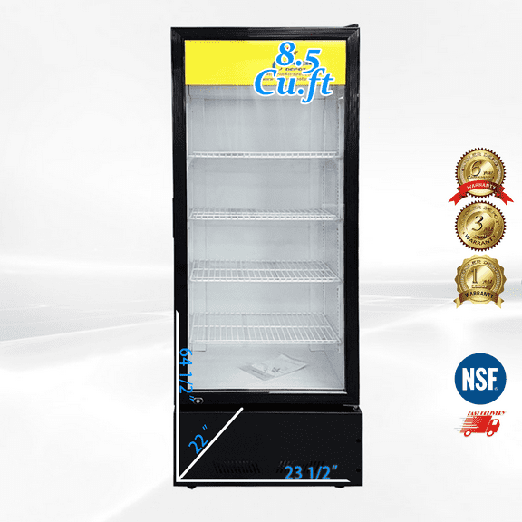 Commercial Beverage Refrigerator, Glass door 23 1/2" x 22" x 64 1/2", 8.5 cu ft display Fridge, NSF Certified.