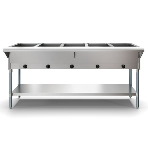 NSF 73 in. Steamer Five Pan Open Well Gas Propane Steam Table with Undershelf, Warmer
