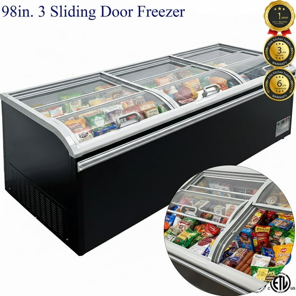 NSF 98" High-Capacity Island Freezer – 3 Sliding Glass Top Commercial Showcase for Frozen Foods