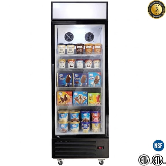 NSF Certified 1 Glass Door Commercial Display Freezer Merchandiser, 14 Cu.Ft., LED Lighting, Bottom-Mount Compressor