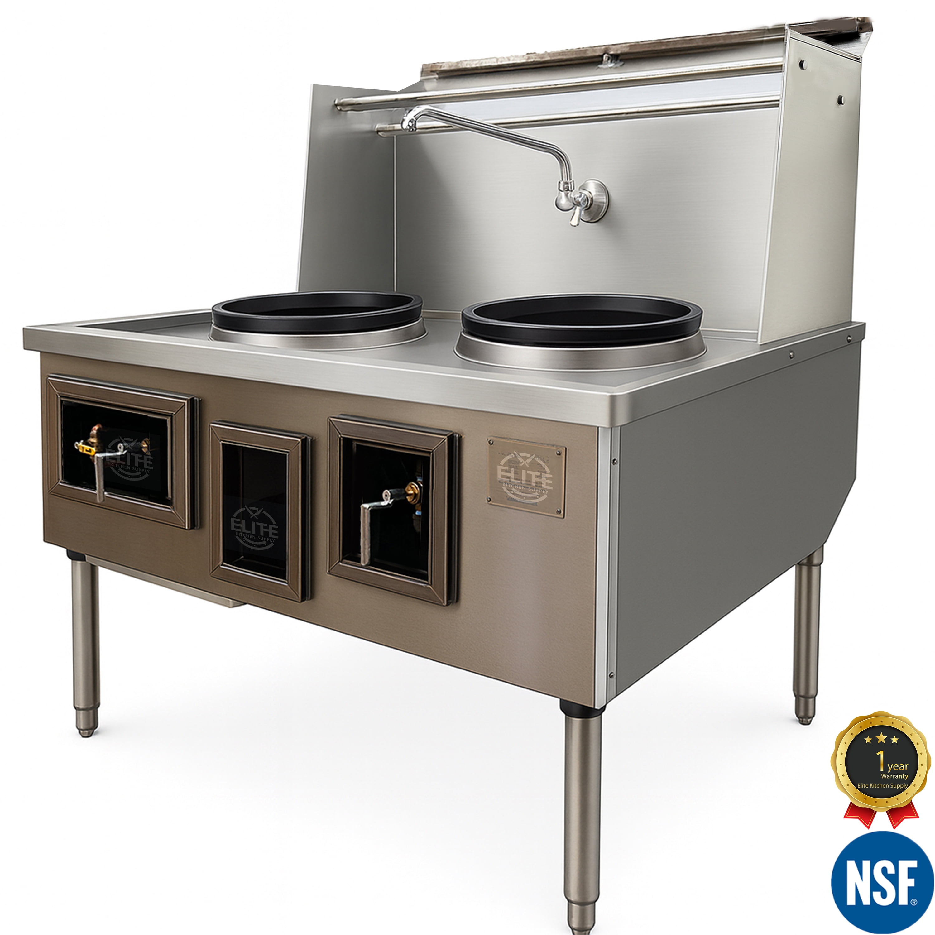 NSF Certified 47.5" 2-Hole Chinese Wok Range – 13" & 16" Ring Burners with Auto Faucet & Backsplash