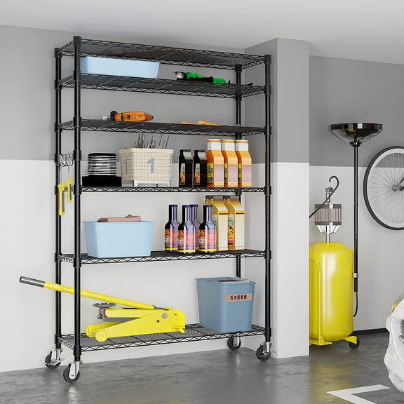 6-Tier NSF Certified Steel Wire Shelving with Wheels, Heavy Duty Storage Rack, Adjustable, Easy Assembly