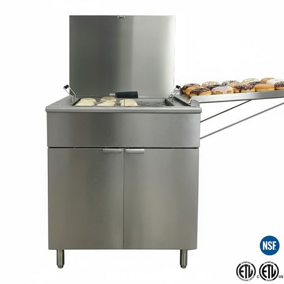 NSF Flat Bottom Funnel Cake & Donut Fryer, 170-lb Oil, 120,000 BTU, LP Gas, ETL Listed, Stainless Steel