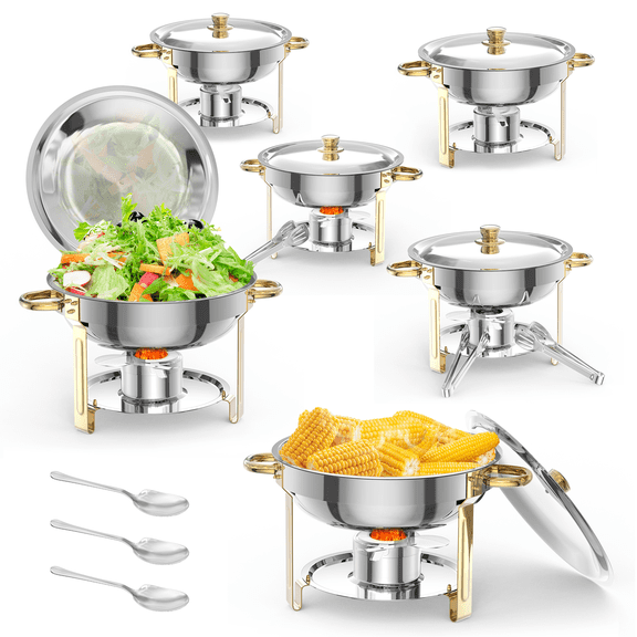 NSF Round Stainless Steel Chafers and Warmers Food Servers Sets with Lid & Lid Holder  for Catering Events Parties Weddings Dinners,5QT 6 Packs Chafing Dish Buffet Set, Spoon & Tweezer