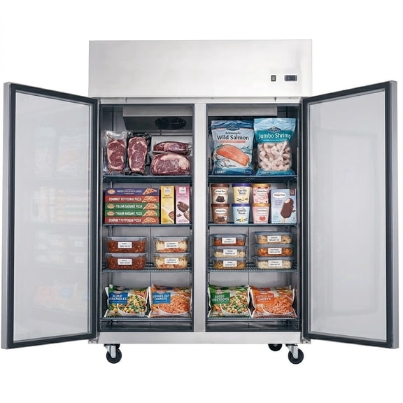 NSF Stainless Steel 55 Cu.Ft. Top Mounted Reach-In Freezer 2 Door Solid Door Commercial Upright Freezer