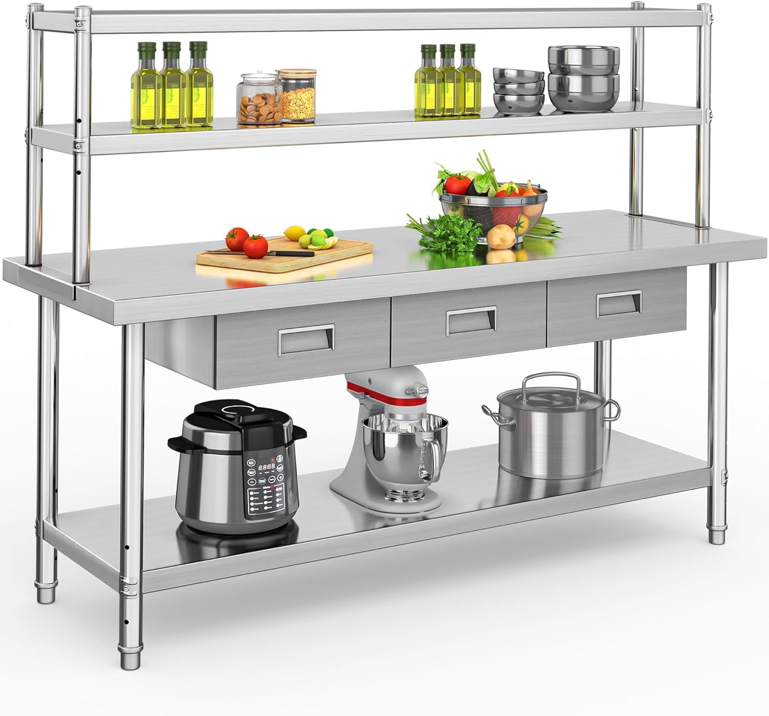 Polished Stainless Steel Work Table with Drawers and Shelf, 72" x 24"