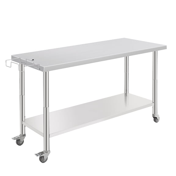 NSF Stainless Steel Work Table - 60x24x35 Inch - Adjustable Undershelf, Removable Waste Rack, Tool Hooks, With Casters, Straight Edge, No Backstop, For Kitchen & Home