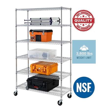 NSF Wire Shelving Unit Heavy Duty Garage Storage Shelves Large Black Metal Shelf Organizer 6-Tier Height Adjustable Commercial Grade Storage Rack 6000 LBS Capacity on 4" casters,18" D x 48" W x 76" H