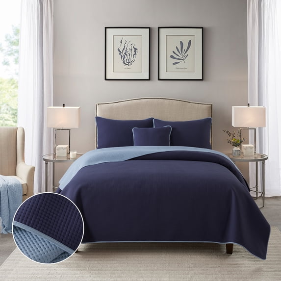 NSH by New Sega Home 4-Piece Navy Pinsonic Reversible Waffle Textured Quilt Set with Reversible Shams and Decorative Pillow, Full/Queen