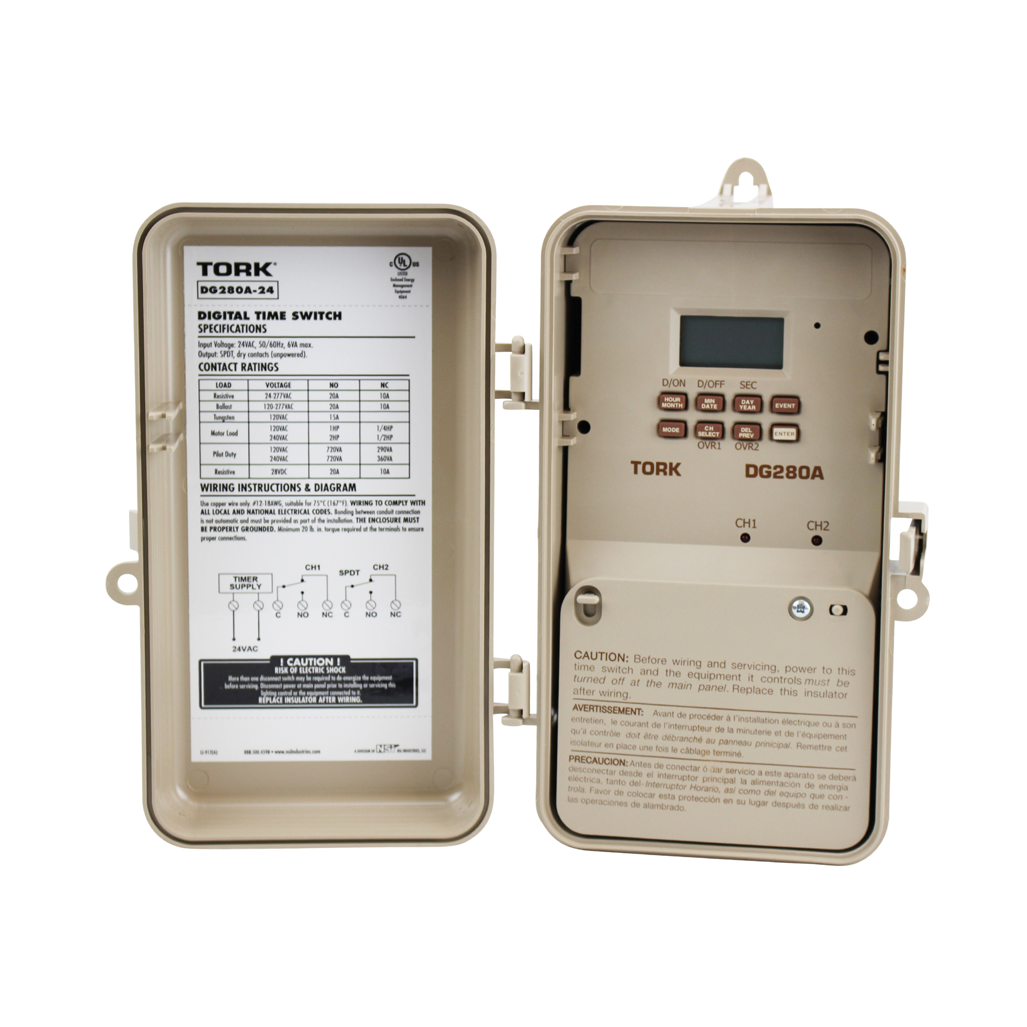 NSI Industries Tork DG280A-24 Signaling and Duty Cycle 24 Hour Time Switch with 2 Channel, 24 VAC 50/60 Hz Input Supply, SPDT Output Contact - image 1 of 4