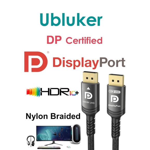 NSKBBM-10K 8K DisplayPort 2.1 Cable 54Gbps 10 FT, Certified DP to DP Cord 4K 240Hz 165Hz 144Hz 120Hz 10K 8K 120Hz Nylon Braided UHBR HDCP2.3 FreeSync G-Sync RTX5090 Gaming Monitor PC Projector