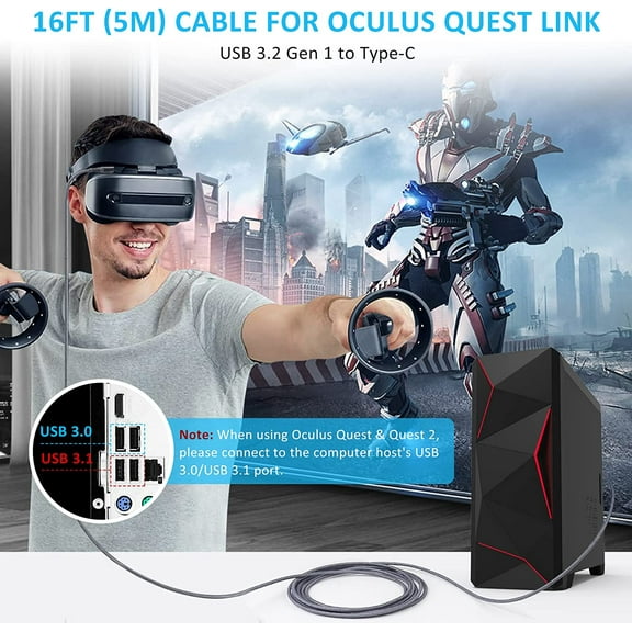 NSKBBM-Cable for Oculus Quest 2 Link, 16FT USB 3.2 Gen 1 to Type C Link Cable Compatible with Steam Deck, High Speed Data Transfer and Fast Charging for VR Oculus Quest Headset and Gaming PC