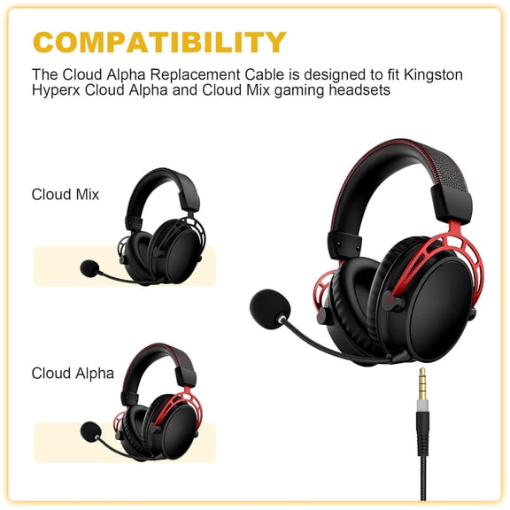 NSKBBM-Cloud Alpha Cable Compatible with Hyperx Cloud Alpha, Cloud Alpha S, Cloud Mix, Cloud Mix 2, Cloud Flight Gaming Headset with Mute and Volume Control, 5ft