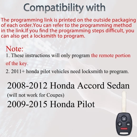 NSKBBM-Key Fob Fits for Honda Accord 2008 2009 2010 2011 2012 (Sedan Only) / Pilot 2009 2010 2011 2012 2013 2014 2015 KR55WK49308 Remote Control Head Key Replacement 35118-TA0-A00 ID46