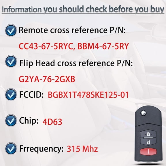NSKBBM-Key Fob Keyless Entry Fits for 2006-2015 Mazda 5/2011-2015 Mazda 2 3/2007-2013 CX7 CX9 Remote Control Flip Key Replacement BGBX1T478SKE125-01 CC43-67-5RYC 3 Button