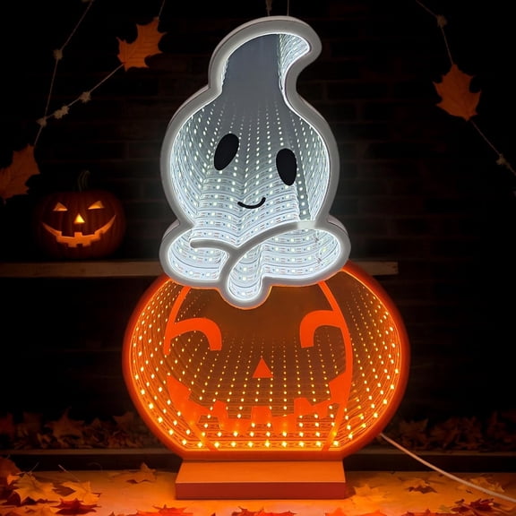 NSKBBM-LED Halloween Pumpkin Light, Cute Neon Pumpkin and Ghost Sign Decor,11.57 Inch Halloween 3D Infinity Lights with USB Powered for Table, Room, Party Decoration