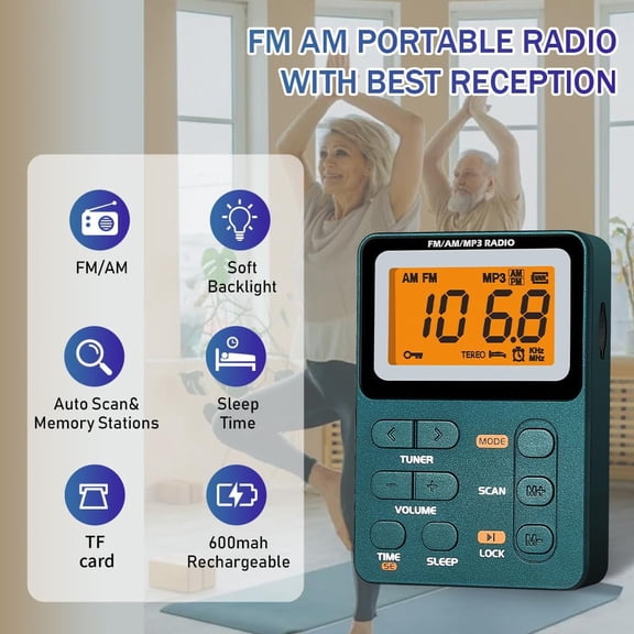 NSKBBM-Portable Radio AM FM, Rechargeable Pocket Speaker with Best Reception Digital Tuning, MP3, Stereo Earphone, Large LCD Screen, TF Card Socket, Transistor Radio for Jogging/Gym/Camping
