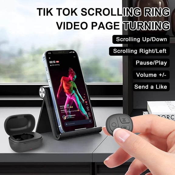 NSKBBM-Tiktok Scrolling Ring, Bluetooth Camera Remote Control, Scrolling Ring Remote for iPhone TikTok FB YouTube IG Android Phone, Fingertip Wireless Scroller Page Turner (Black)