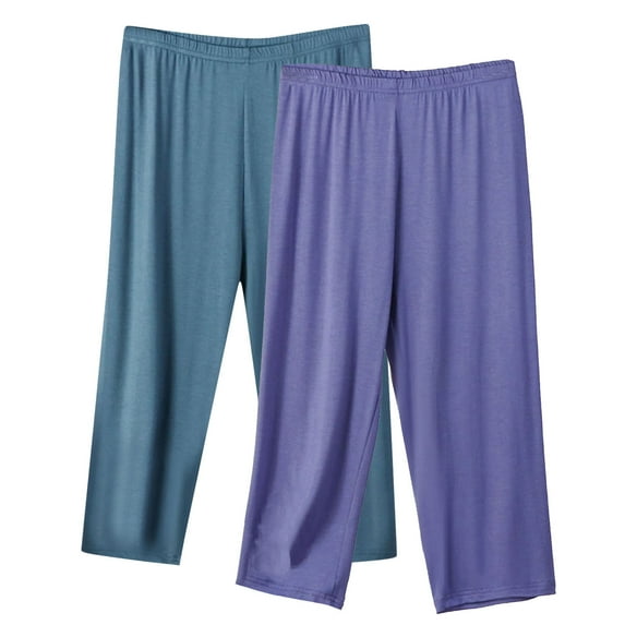 NSLGXD 2-Pack Womens Plus Size Capri Pants Elastic Waist Pants Classic Solid Color Home Pants Loose Fit Lounge Pants Can Be Worn Outside Trousers