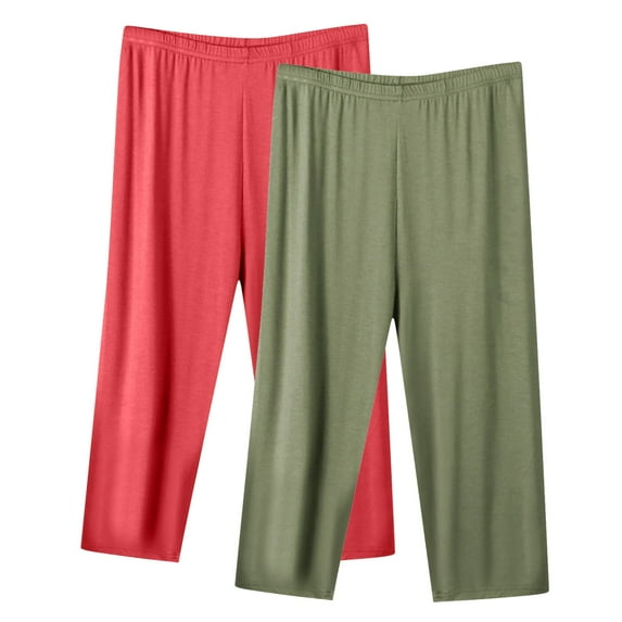 NSLGXD 2PC Womens Home Pants Plus Size Capri Pants Elastic Waist Wide Leg Pants Classic Solid Color Lounge Pants Lightweight Breathable Cropped Trousers