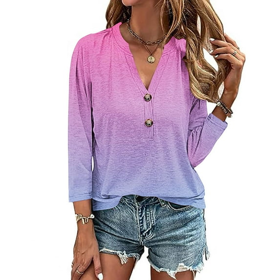 NSLGXD 3/4 Length Sleeve T-Shirts for Women Plus Size Shirts Comfy V Neck Henley Tshirt Trendy Gradient Color Tees Loose Fit Comfy Tops Blouse Hot Pink M