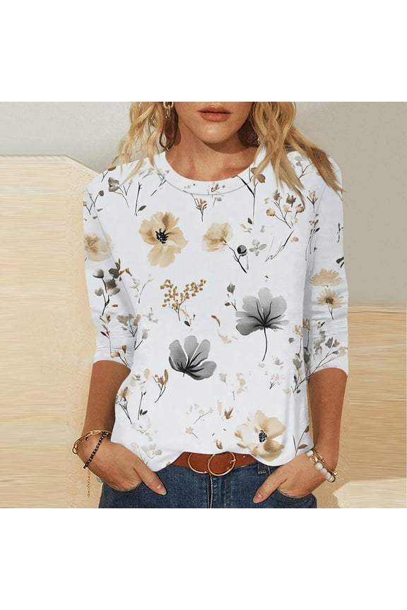 3/4 Length Sleeve Womens Tops Casual Tshirt Plus Size Round Neck Cute Tunic Tops Basic Tees Floral Print Blouses Loose Fit Pullover