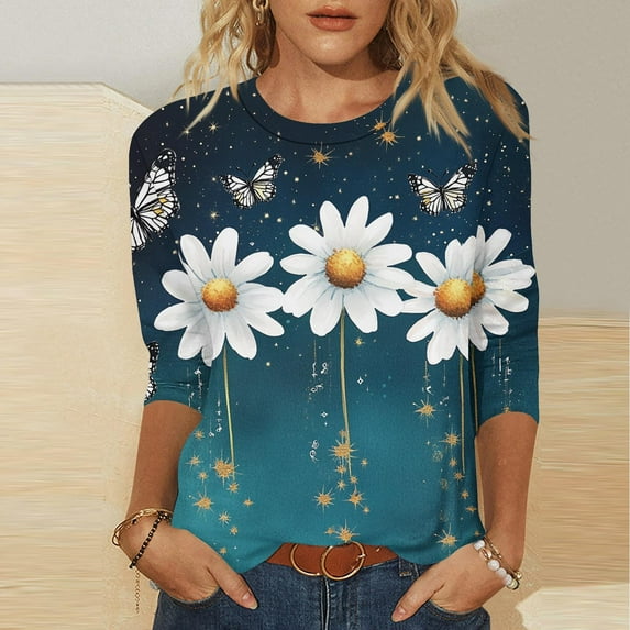 NSLGXD 3/4 Length Sleeve Womens Tops Plus Size Round Neck Tops Fashion Daisy Butterfly Graphic Tees Loose Fit T-Shirts Ladies Tops and Blouses Clearance Sale