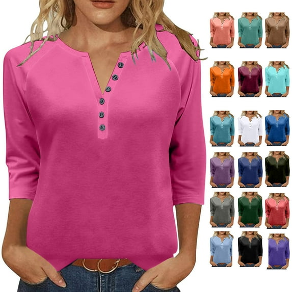 NSLGXD 3/4 Length Sleeve Womens Tops Trendy Button V Neck Henley Shirts Gradient Color Casual Boho T-Shirts Loose Comfy Tunic Tops Blouses Summer Vacation Shirts for Women 2025