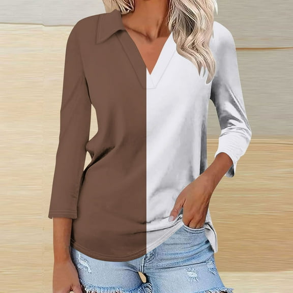NSLGXD 3/4 Length Sleeve Womens Tops V Neck 3/4 Sleeve T-Shirts Summer Collared Shirts Trendy Color Block Blouses Dressy Casual Work Shirt Three Quarter Sleeve Tops for Women