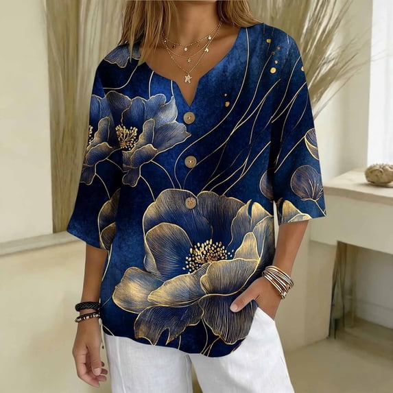 NSLGXD 3/4 Sleeve Fall Tops for Women Notch V Neck Vintage Graphic Tees Relaxed Fit Casual Trendy Outfits S-2XL