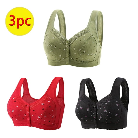 NSLGXD 3-PC Push Up Bras for Women Daisy Bras Front Closure Bras for Older Women Wireless Support Everyday Bras Plus Size Full Coverage Bralettes for Everyday Underwear