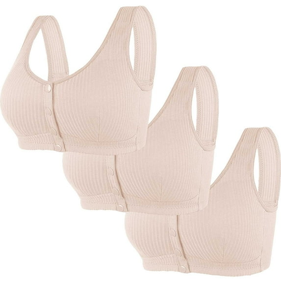 NSLGXD 3PC Plus Size Bras for Senior Women Front Close Button Cotton Bras No Underwire Front Snap Bra Full Coverage Comfort Bra Everyday Underwear for Women
